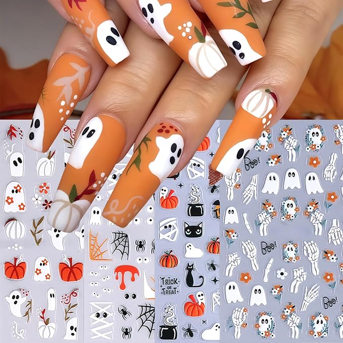 8 Sheets Cute Ghost Nail Stickers for Nail Art,5d Embossed Cute Ghost Nail Art Stickers Self Adhesive Pumpkin Spider Web Nail Decals Skeleton Flower Manicure Sliders for Women Nails Decorations