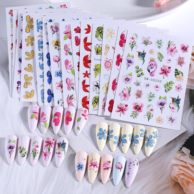 Flower Petal Nail Art Sticker 12 PCS Simple French Floral Nail Decals Lily Orchid Leaves Flamingo Designs with Tweezers Hot Pink Blue Purple Green Flower Sliders Nail Art Decoration DIY Accessories