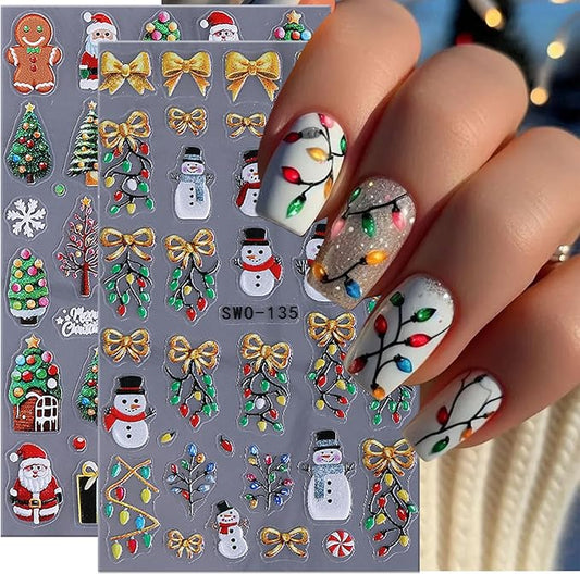 2Pcs Christmas Nail Stickers Christmas Tree Decals for Nail Art Bow Nail Design 5D Embossed Father Christmas Lamp Strip Nails Art Supplies Snowman Pine Tree Nails Accessories for Women DIY Decoration