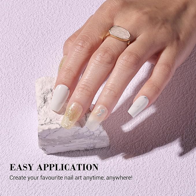MelodySusie Semi Cured Gel Nail Strips (White Marble), 20 PCS Classic Gel Nail Stickers, Gold Glitter Gel Nail Wraps, UV Light Required, Durable and Salon Quality