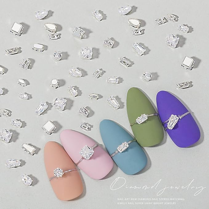HNUIX 3D Nail Charms and Gems - 120Pcs Copper Metal Zircon, Silver Multiple Shape Smal Crystals Rhinestones, Nail Decorations Accessories for Nails Design