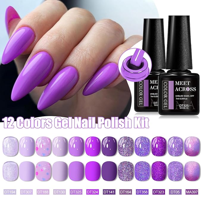 MEET ACROSS 12PCS Gel Nail Polish Set, 12 Colors Gel Nail Kit Art Design Soak Off UV LED,Nail Art Design Gifts for Women (Purple, 12PCS)