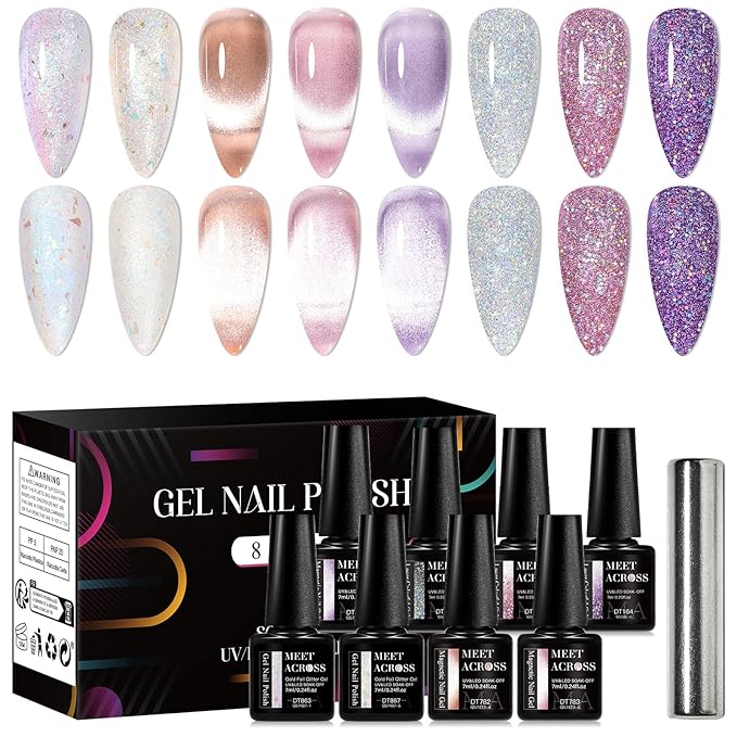 MEET ACROSS 8pcs Gel Nail Polish Set, Soak off UV LED Lamp Gel Nail Polish Cat Eye Set Home Gel Manicure Kit 7ml (Cat Eye + Glitter Gel)