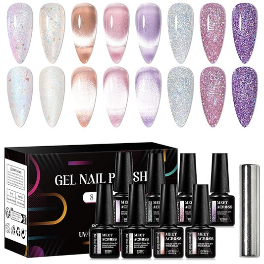 MEET ACROSS 8pcs Gel Nail Polish Set, Soak off UV LED Lamp Gel Nail Polish Cat Eye Set Home Gel Manicure Kit 7ml (Cat Eye + Glitter Gel)