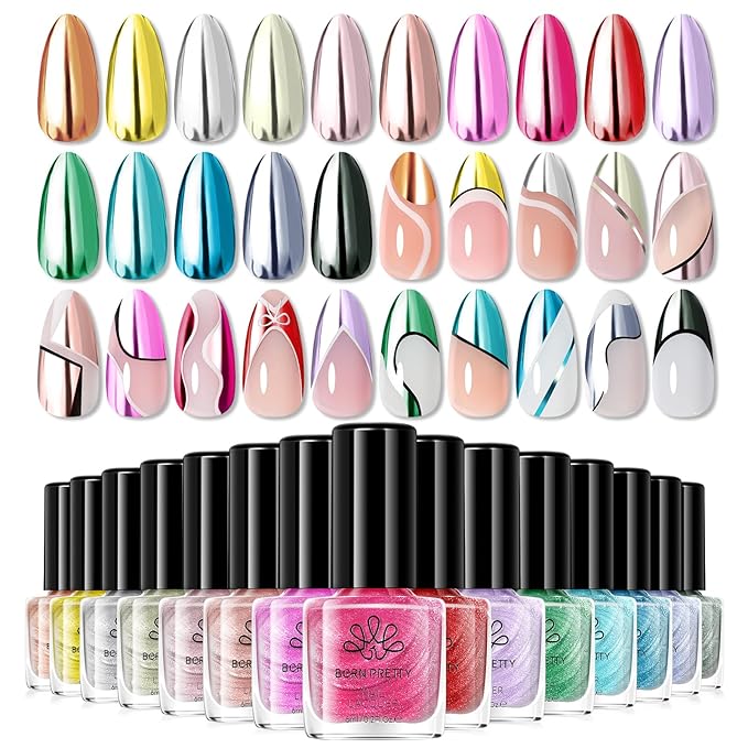 Born Pretty Metallic Nail Polish Set, 15 Colors Metallic Mirror Quick Dry Nail Polish Red Pink Gold Silver Purple Chrome Holographic Regular Nail Polish Nail Lacquer Fingernail Glossy Nail Polish Set