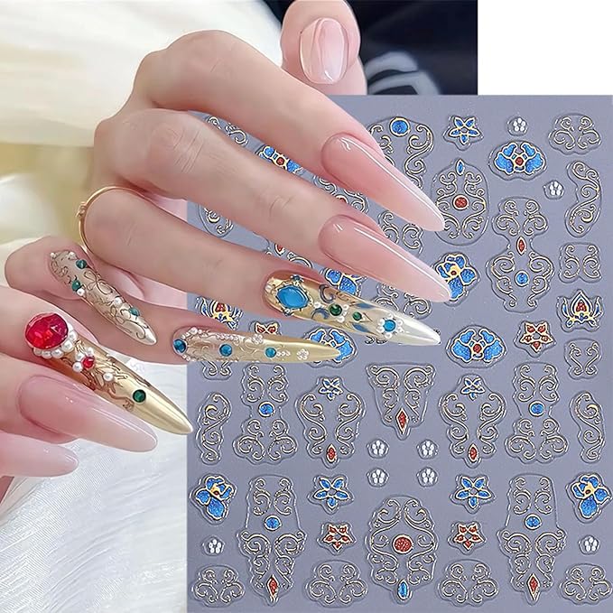 4 Sheets Embossed Nail Decals for Nail Art 5D Gems Designs Nail Art Stickers Purple Moon Star Nail Stickers Self-Adhesive Gold Chain Butterfly Nails Decal for Women DIY Manicure Decors