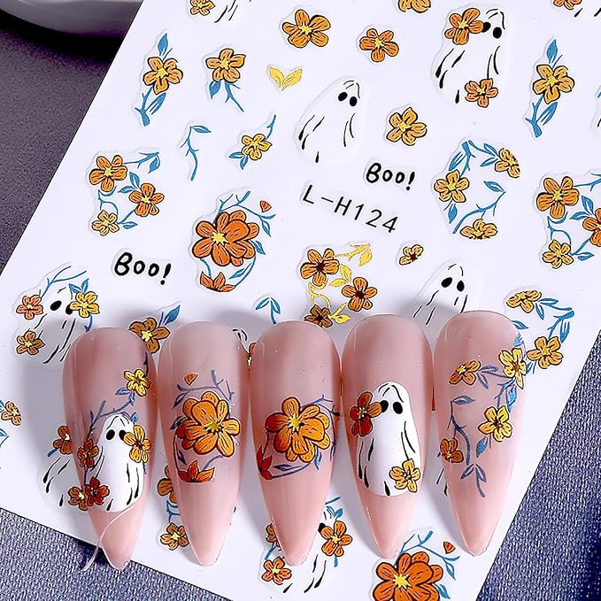6 Pcs Halloween Nail Art Stickers Funny Ghost Nail Stickers Flower Bat and Spider Web Design Nail Decals Cute Pumpkin Nail Sticker Decorations for Women Manicure