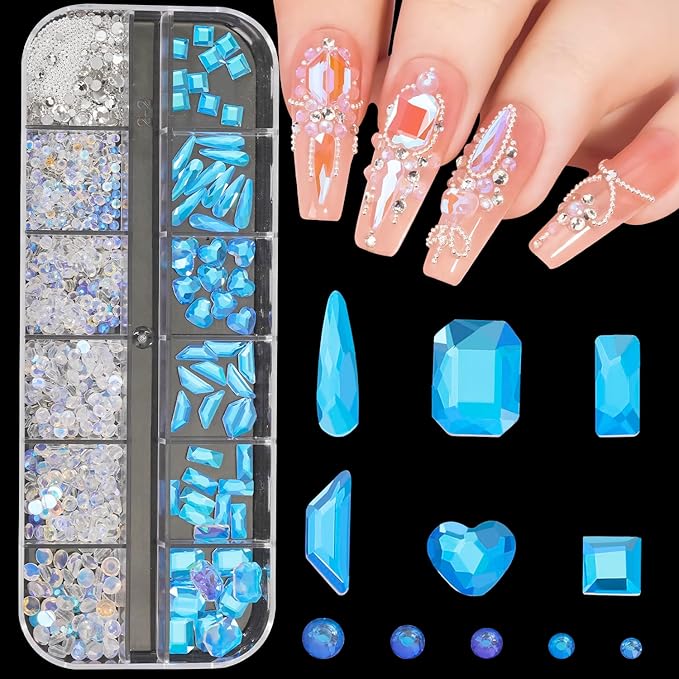 Multi Shapes Aurora 3D Glass Crystal Nail Rhinestones Kit Mix 0.8mm Silver Nail Round Beads Charm Flatback Gems 5 Grids Flatback Rhinestones Stone Diamond for Manicure Makeup DIY Decoration
