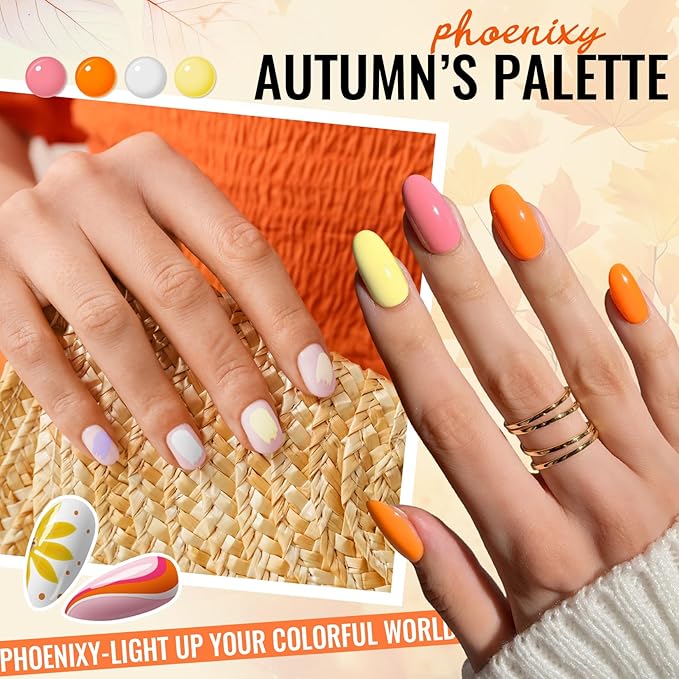 phoenixy Gel Nail Polish Kit with U V Light 74 Pcs Gel Nail Set 55 Colors Nail Polish Set Orange Series Complete Nail Kit with Base Coat & 4 Effects Top Coat Manicure Tools Gifts for Women