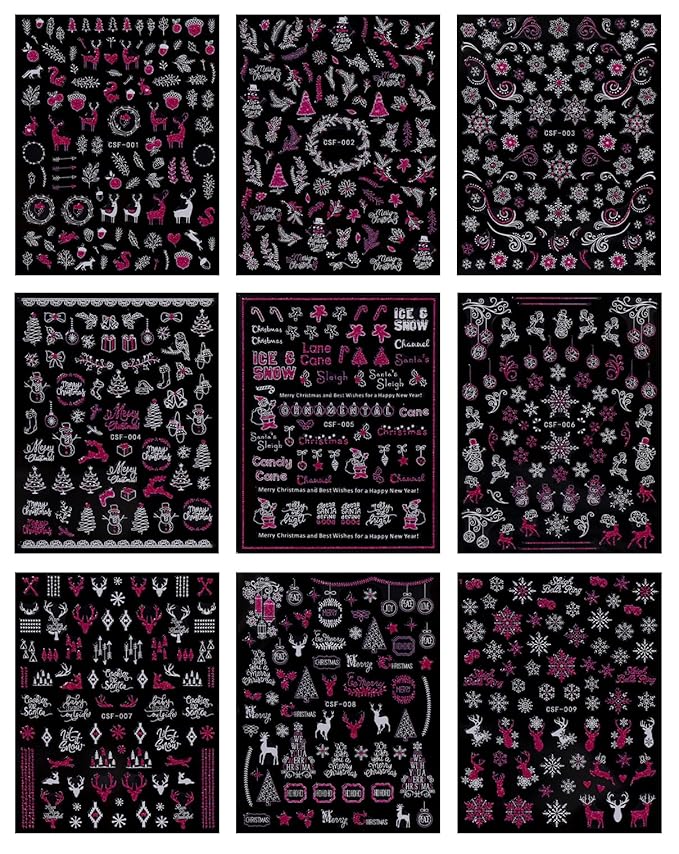 JMEOWIO 9 Sheets Christmas Pink Glitter Nail Art Stickers Decals Self-Adhesive Snowflake Winter Holiday Nail Supplies Nail Art Design Decoration Accessories