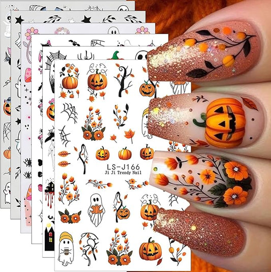 Halloween Nail Art Stickers 3D Pumpkin Flower Ghost Nail Stickers 6PCS Skull Ghosts Virus Leaf Bat Halloween Nails Design Adhesive Decals Manicure Nail Art Accessories Sliders for Women DIY Nail Art