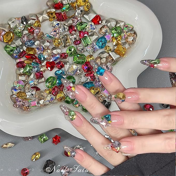 50Pcs Summer Color Pointed Bottom Special-Shaped Nail Art Charms Mixed Colored Diamond Candy Nail Art Diamond Nail Charms 3D Luxury Star Heart Jewelry Nail Art Supplies DIY Nails Crafts