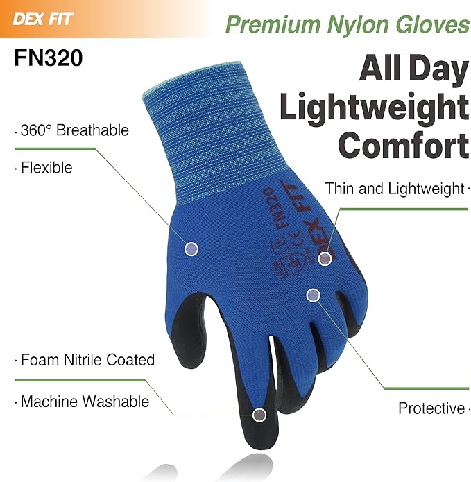 DEX FIT Premium Nylon Nitrile Work Gloves FN320, 3 Pairs, 3D-Comfort Stretchy Fit, Firm Grip, Thin & Lightweight, Durable, Breathable & Cool, Machine Washable; Blue 10 (XL)
