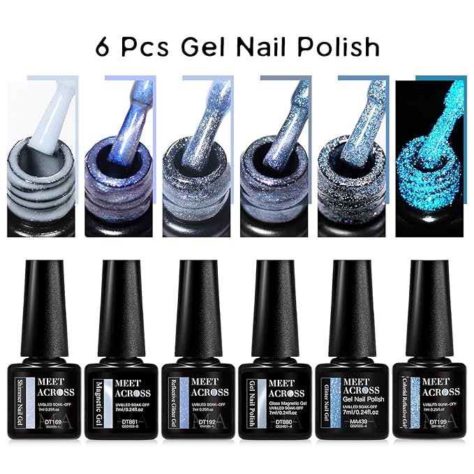 MEET ACROSS Gel Nail Polish Set 6 Pcs Glitter Colors Gel Nail Kit Art Design Soak Off UV LED (SET-9, 6pcs)