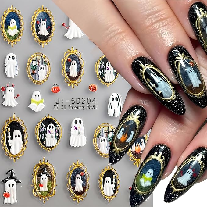 Halloween Nail Art Stickers, Retro Golden Frame Nail Decals 5d Embossed with Ghost Insect Spider Ladybug Butterfly Design 3Pcs Halloween Nail Art Supplies for Women Nail Decoration Nail Stickers