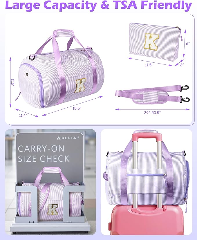 6 Year Old Girl Birthday Gifts, Girls Travel Duffle Bag, Kids Initial Overnight Duffel Bags with Shoe Compartment, Personalized Dance Bag with Cosmetic Pouch, Christmas Gift (Letter D)