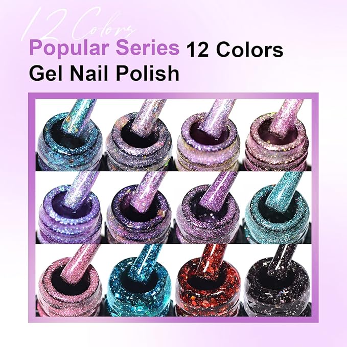 MEET ACROSS 12PCS Gel Nail Polish Set, 12 Colors Gel Nail Kit Art Design Soak Off UV LED,Nail Art Design Gifts for Women (SET-8, 12PCS)