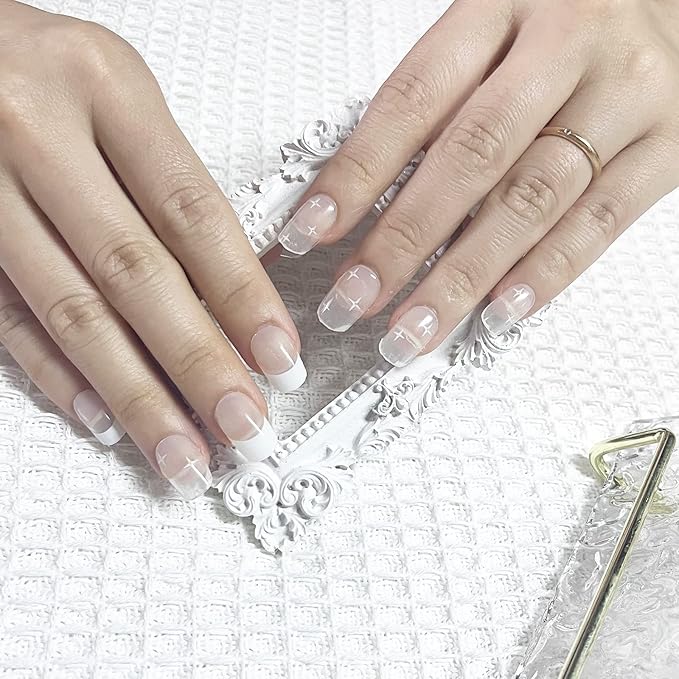 MOMSON Semi Cured Gel Nail Strips - 20 Real Gel Nail Polish Stickers/Full Nail Wraps - Art Manicure Kits for DIY at Home, Salon-Quality, Easy to Apply & Remove (Transparent, White Star)