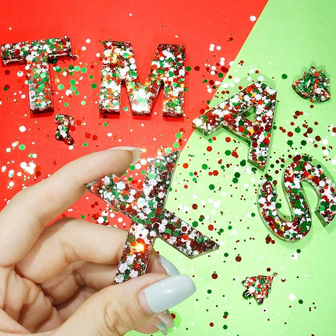 Renfio Xmas Chunky Glitter,Red White Green Mixed Color Glitter for Xmas,1.76oz/50g Mixed Size Iridescent Hexagon Sequin Sparkle for Snowglobe Tumbler,Resin,Craft,Nail,Face,Hair,Festival Decor,Ornament