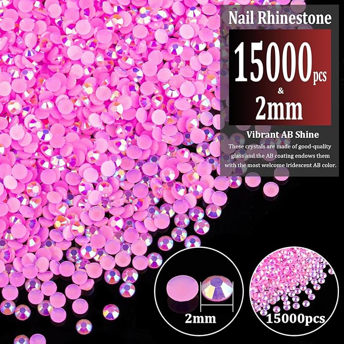 15000pcs 2mm Resin Rhinestones Bulk, Pink AB Flatback Round Jelly Rhinestones Bedazzling Non Hotfix Crystal Gems Large Quantity Wholesale for DIY Crafts Clothes Bottles Tumblers Face Makeup Manicure