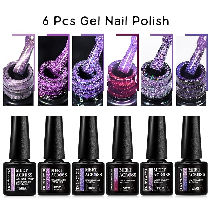MEET ACROSS Gel Nail Polish Set 6 Pcs Glitter Colors Gel Nail Kit Art Design Soak Off UV LED (SET-12, 6pcs)