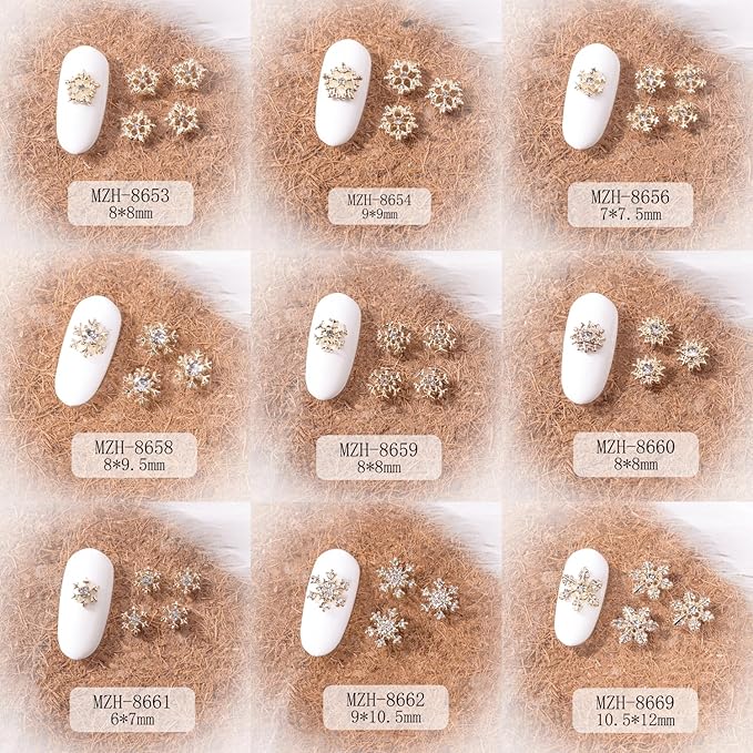 28 Pcs Christmas Nail Art Charms - Gold & Silver Snowflake NailArt Rhinestones & Gems for Acrylic Nails