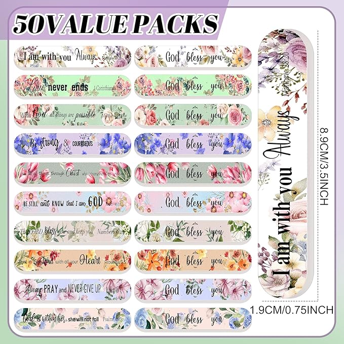 50 Pack Christian Gifts for Women Bulk Mini Bible Verse Scripture Nail Files Floral Emery Boards 10 Styles Christian Religious Appreciation Party Gifts for Team Employee Coworkers