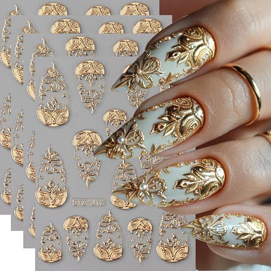 4 Sheets Gold Nail Art Stickers 5D Embossed Flower Nail Decals Metallic Totem Leaves Floral Nails Design Manicure Sliders Self Adhesive French Retro Golden Foil Nail Art Supplies for Women DIY Nail