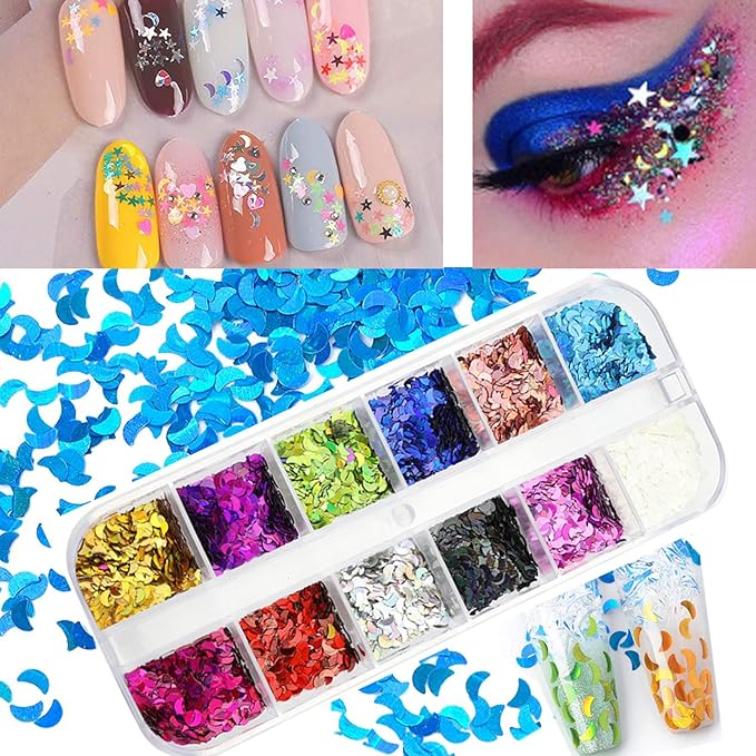 12 Colors Glitters Decor Crescent Shape Flakes Sequins 3D Moon Nail Art Stickers Laser Glitter Designs Nails Powder for Women Girls Manicure Accessories