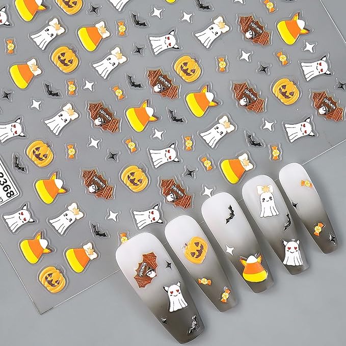 1 Sheets Halloween Nail Decals for Nail Art Cute Embossed Ghost Nail Stickers 5D Self-Adhesive Star Bat Candy Pumpkin Nail Art Stickers Scary Halloween Nail Decoration for Women DIY Nails Designs