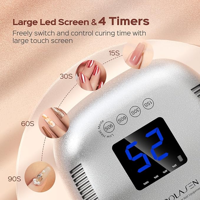 BOLASEN Cordless Rechargeable UV Nail Lamp - UV Light for Gel Nails with Metallic Reflector & Metal Base, 54W Portable Wireless LED Nail Dryer, Professional Curing Lamp for Salon, Silver Glitter