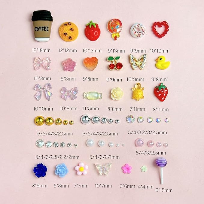 Mixed Colours Flower Nail Charms, Cute Strawberr Candy Star Heart Bow Charms for Nails, Alloy Cherry Gold Bead White Pearl Nail Art Designs for Nail Decorate DIY Craft Body Face Craft and Salon Use