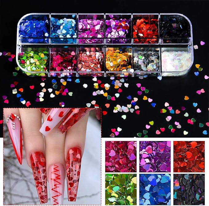 36 Colors Heart Glitter Nail Art Sequins, EBANKU Holographic Heart Shaped Nail Sequin Laser Heart Nail Art Flake Glitter Decals for Face Eyes Nail Art Decoration DIY Craft (3 Boxes)