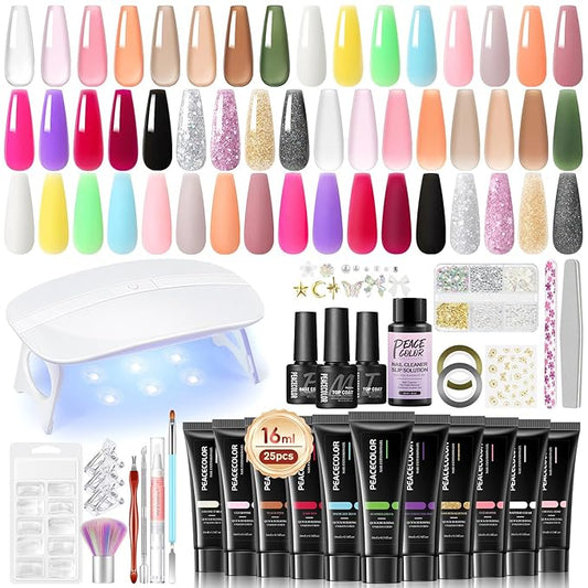 PEACECOLOR Poly Nail Gel Kit, 25 Colors Nail Extension Gel Starter Kit with Slip Solution and U V Light DIY Tools for Beginners with Everything