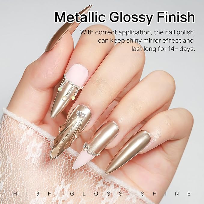 MIZHSE Champagne Mirror Nail Polish, Quick Dry Metallic Nail Polish, Air Dry Fast Chrome Nail Lacquer Bright Color Oil-based Nail Art Manicure DIY Home