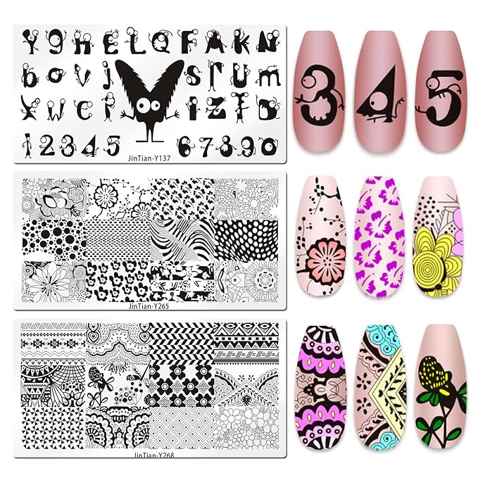 LoveOurHome Nail Stamping Plate Kit Letter Butterfly Lace Geometry Floral Fingernails Template Stencil Stamps Plate Silicone Stamper Scraper Manicure Design Tools Set (Letter)