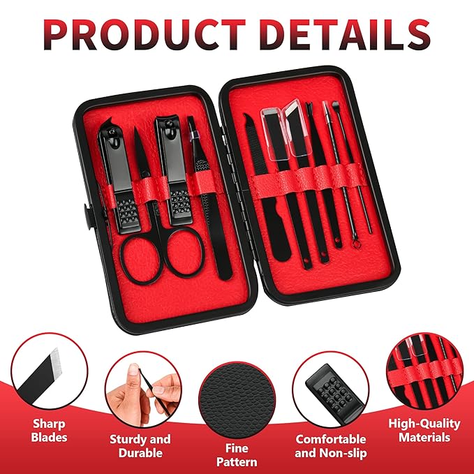 10pcs Manicure Nail Clipper Set - Stainless Steel Nail Care Kit with Nail Clippers, Nail File, Cuticle Scissors, Ear Pick and More, Compact and Durable for Home and Travel (Black/Red)