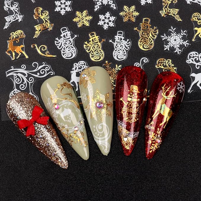 9 Sheets Christmas Nail Art Stickers Decals Self-Adhesive Pegatinas Uñas Gold White Nail Supplies Nail Art Design Decoration Accessories