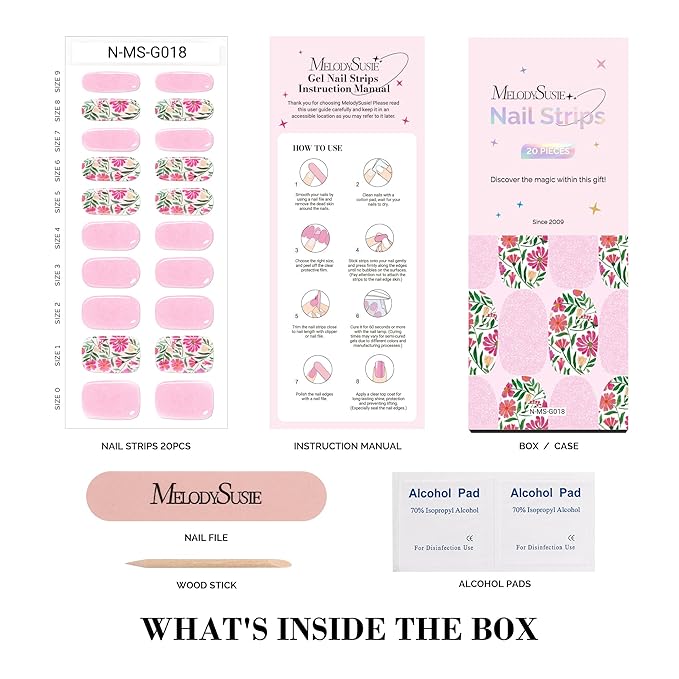 MelodySusie Semi Cured Gel Nail Strips, 20 PCS Gel Nail Stickers, UV Light Required, Durable and Salon Quality (Pearly Pink Flowers)