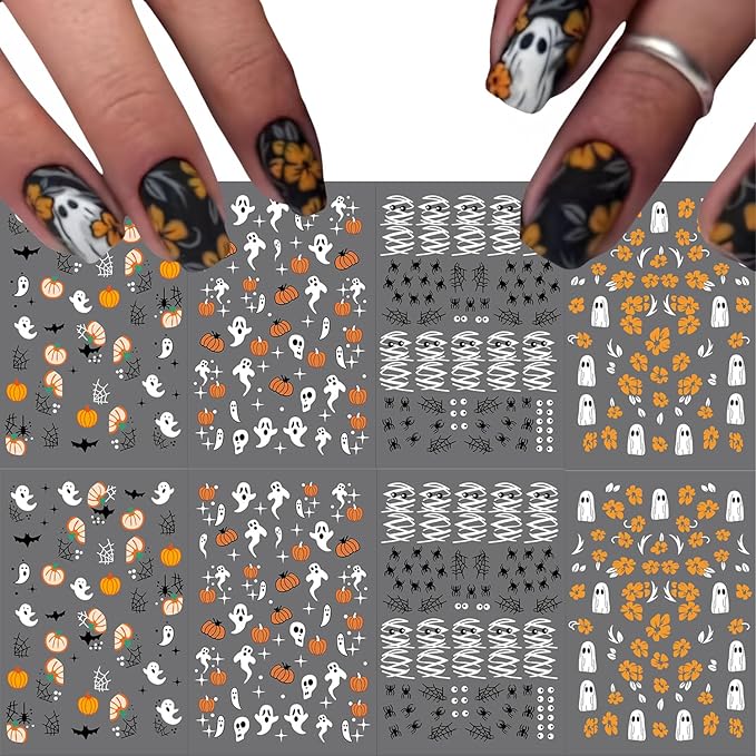 12 Sheets Halloween Nail Art Stickers Cute Ghost 3D Self-Adhesive Nail Decals Bat Mummy Skull Pumpkin Designs Nail Decorations Fall Maple Leaf DIY Manicure Supplies for Women Girls