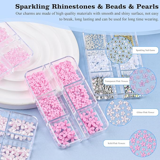 4 Boxes 3D Flower Nail Charms and Gems - Pink Nail Flower Charms Crystal AB Clear Gemstones Silver/Gold Caviar Beads White/AB Pearls for Women DIY Manicure Crafts (18-S4-Pink)