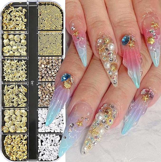12Grids Summer Metal Nail Art Charms 3D Gold Starfish Shell Conch Nail Charms Sparkly Golden Rhinestone Seahorse Nail Art Jewelry White Pearls Nail Jewelry Ocean Theme Designs Nails Supplies for Women
