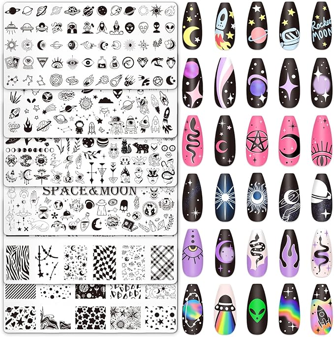 Whaline 6Pcs Outer Space Nail Plates Stamping Set Rocket Moon Planet Astronaut Stamp Templates Nail Art Plates for DIY Print Manicure Salon Design