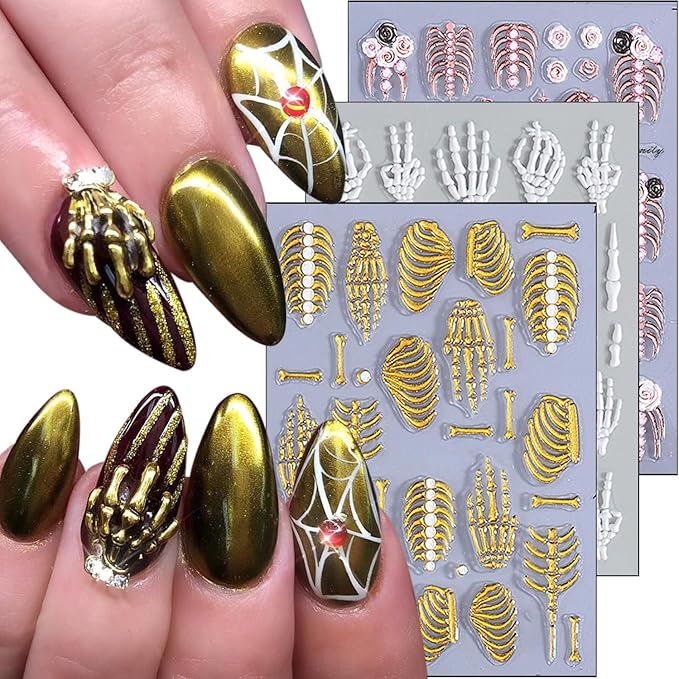 3Pcs 5D Embossed Halloween Nail Stickers Self Adhesive Hand Bone Rose Flower Nail Decals Scary Pink Skeleton Nail Art Stickers Gold White Claw Skull Nails Design Halloween Sticker for Women Manicure