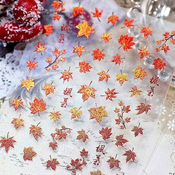 1 Sheets Fall Nail Stickers for Nail Art 5D Embossed Thanksgiving Nail Art Stickers Red Shiny Maple Leaf Nail Decals Self-Adhesive Autumn Holiday Nail Designs for Women Manicure Decoration Supplies