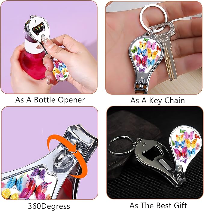 Nail Clipper Set with Keychain 2 Pack Toenail Clippers with Jar Opener Multifunction Nail Cutter for Men-Dorm Room Essentials,Gift for Thanksgiving,Halloween,Travel Essentials(Butterfly)