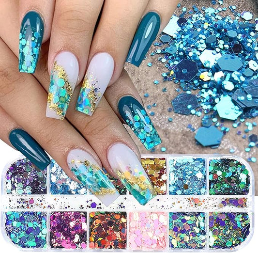 12 Colors Chameleon Nail Art Sequins 3D Nail Glitter Flakes Laser Gradient Nail Art Design Holographic Nail Glitters Powder for Women Girls Manicure Tips Charms Decoration DIY Nails Supplies