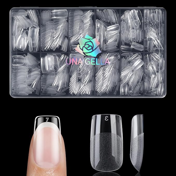 UNA GELLA Short Square Gel Nail Tips 600Pcs, Square Press on Nails Pre Etched Full Cover Soft Gel Nail Tips No C Curve For Women Girl DIY French & Chrome Style Salon At Home 12 Sizes