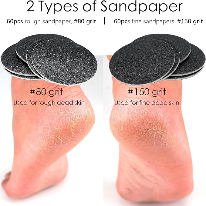 120pcs Replaceable Sandpaper Discs 80 Grit 150 Grit, Thick Self-Adhesive Replacement Sandpaper Refill Sanding Pads for Electric Foot Callus Remover Feet Sander (80 Grit +150 Grit)