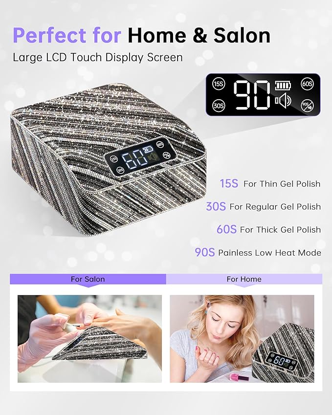 UV Nail Lamp, Rechargeable LED Nail Dryer Sparkly Gel Polish Light 4 Timer Setting Professional Quick Dry Curing Lamp with Display Auto Sensor for Salon & Home, Zebra Diamond